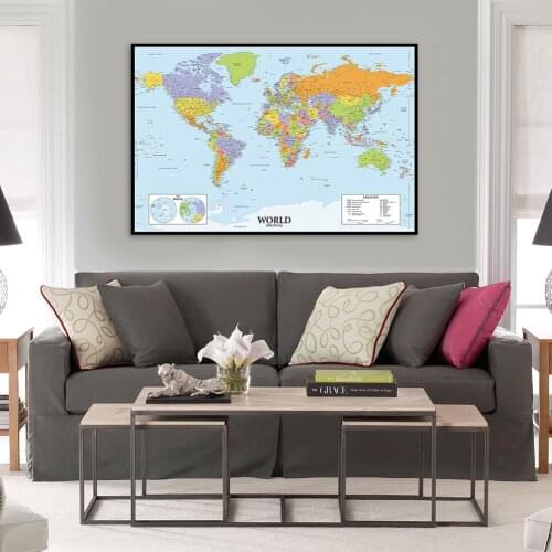 80*60cm Political Map of The World with Details Vinyl Canvas Painting Wall Art Poster School Supplies Living Room Home Decor