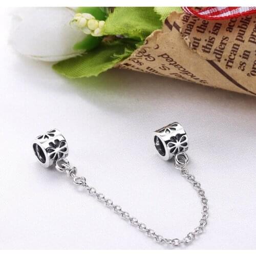 Free Shipping 925 Sterling Silver Floral Safety Chain Silver Rose Charm Fit Original Pan Bracelet For Women DIY Jewelry S925