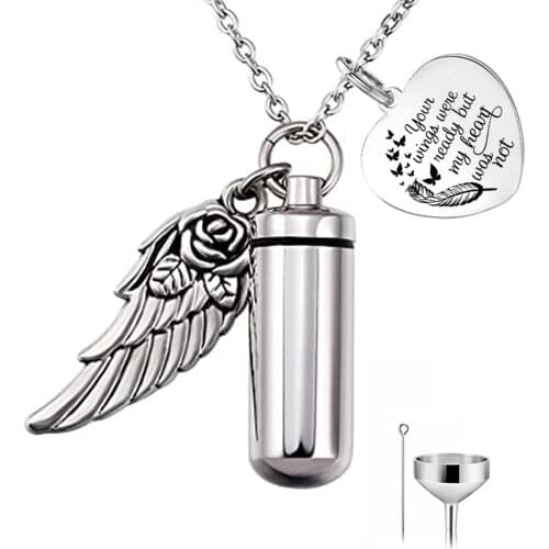 Cylinder Cremation Urn Necklace for Ashes Keepsake Pendant with Angel Wing Heart Carved Stainless Steel Remembrance Jewelry