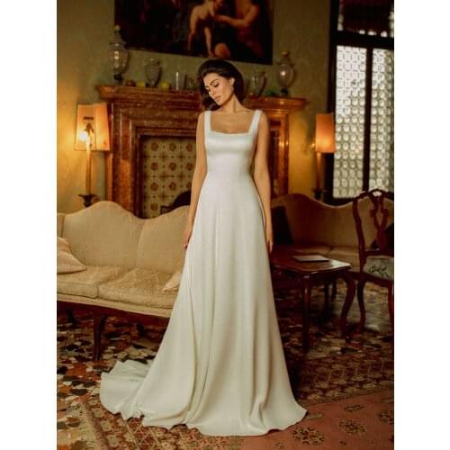 Square Neck Satin In Stock Backless Wedding Gowns Custom Made 2021 Plus Size A Line Sleeveless Long Bridesmaid Bridal Dresses