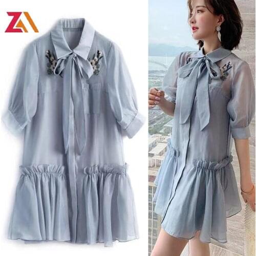 ZALady fashion Korean mini solid dresses for women summer traf elegant bow short sleeve loose shirt dress vestidos femme mujer