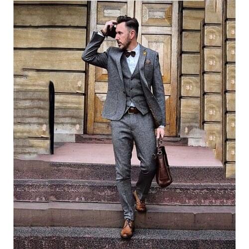 Latest Designs Men Suits Grey Tweed Suits Jacket Winter Warm Formal Business Suits Men Slim Fit Traje Hombre 3 Pieces Ternos Men
