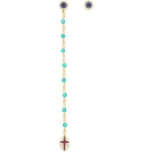 925 Sterling Silver Yellow Gold Color Asymmetric Blue Beads Long Drop Earrings with Stud Zircon Women Fashion Jewelry