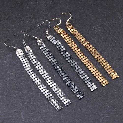 Bohemian Women Gold Black silver color Metal Sequins Long Tassel Earrings Hanging Drop Dangle Party Ear Jewelry Ornaments Gift