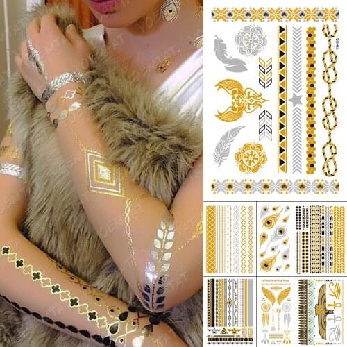 Waterproof Temporary Tattoo Sticker Totem Wings Bracelet Gold Silver Metallic Flash Tatoo Boho Henna Jewelry Glitter Body Art
