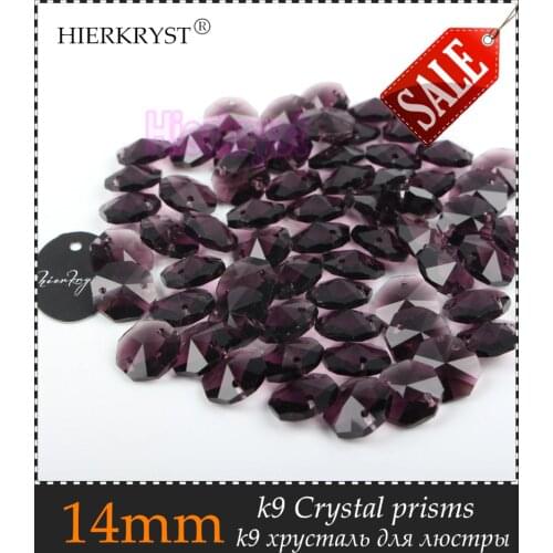 HIERKRYST 100 pcs 14 mm Octagon Beads Crystal Glass Chandelier Parts Rainbows Maker Prisms Pendants Connectors Violet #12