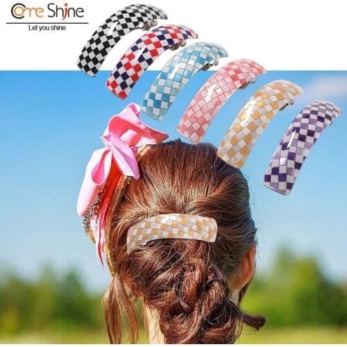 Come Shine 6 Pcs/pack Set Plaid Large Hair Barrettes Rectangular French Automatic Acrylic Hair Clips for Women Thick Hair