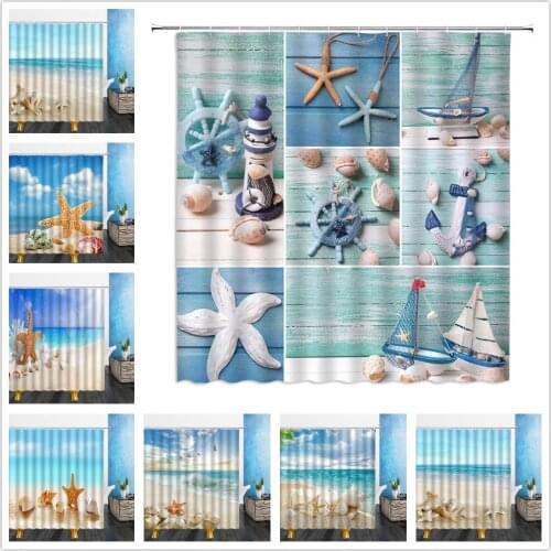 Landscape Shower Curtain Summer Sandy Beach Waves Seawater Shell Waterproof Polyester Cloth Bathroom Curtains Screen With Hooks