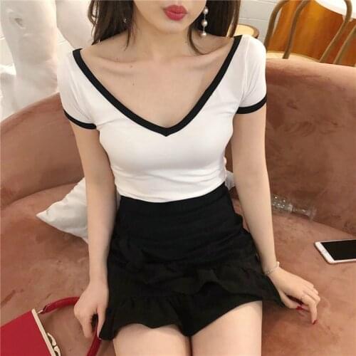Summer Women Sexy Deep V Neck T-Shirts Short Sleeve Casual Tops Plus Size Slim Fit Low Cut Tees Ladies Colors Mixed T-Shirt 4XL