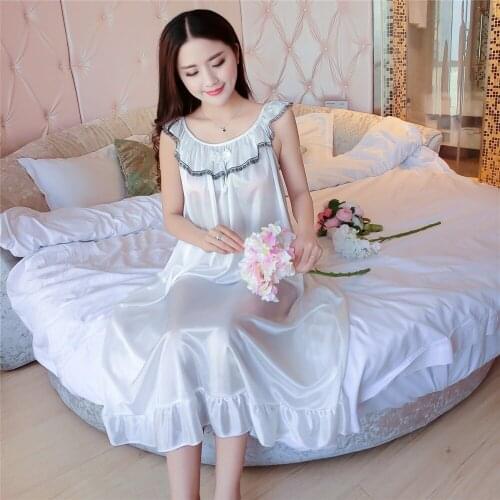 Pure ice silk woman nightgown summer Sleeveless ladies Bow sleepwear fat MM Ruffles long nightdress women Home Furnishing wear