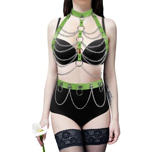 2pc Full Body Leather Set Harness For Women Punk Pastel Goth Metal Chain Accessories Hollow Bra Sword Belt Wedding Garter