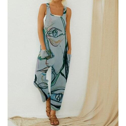 Women Abstract Face Print Loose Jumpsuit Square Collar Playsuit Sleeveless Casual Skin-friendly Romper for Shopping