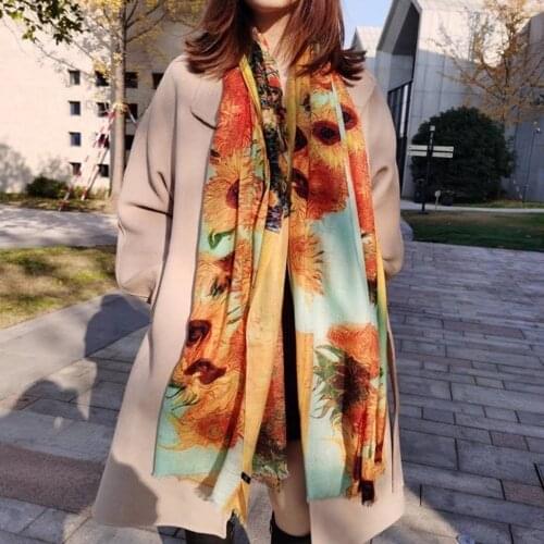 Winter 100% Ring Cashmere Scarves Wraps Printed Sunflower Design Brand Women Warm Oversize Scarves Shawls Fall Head Scarf Hijab