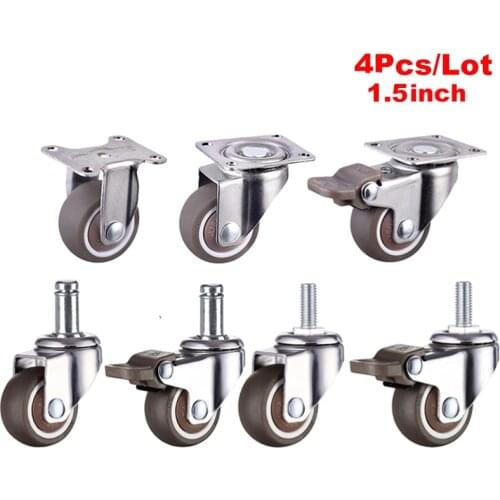 4Pcs Ultra Quiet Swivel Rubber Wheel 1.5 Inch With Brake Cabinet Furniture Casters Brake Wheel Trolley TPE Caster Wheel