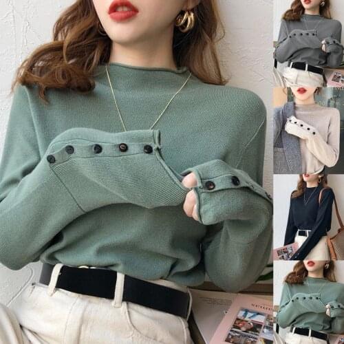 7 Colors Women Autumn Solid Color Long Sleeve Mock Neck Buttons Slim Blouse Knitwear Women Knitted Pullovers Sweater