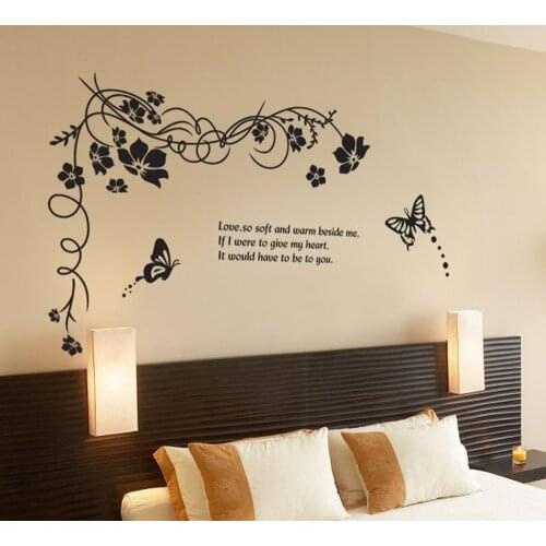 Big Wall Sticker Black Flower Vine Butterfly 47*27IN Removable Creative Decals