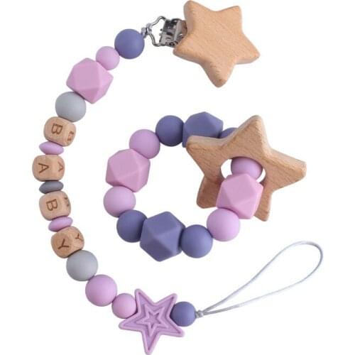 Wooden Pacifier Clip Holder Safe Silicone Beads Baby personalized Name Rattles Set Teether Chewbeads Baby Birthday Shower Gift