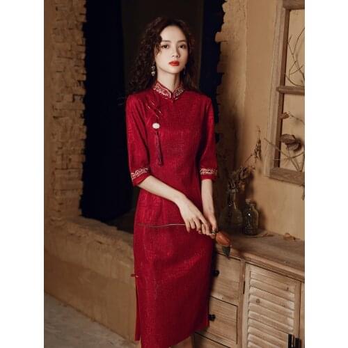 Chinese Dress wine Red Lace Be Engaged Qipao Dresses Wedding Cheongsam Cheongsams Traditional China Dress Chinese Wedding Dress