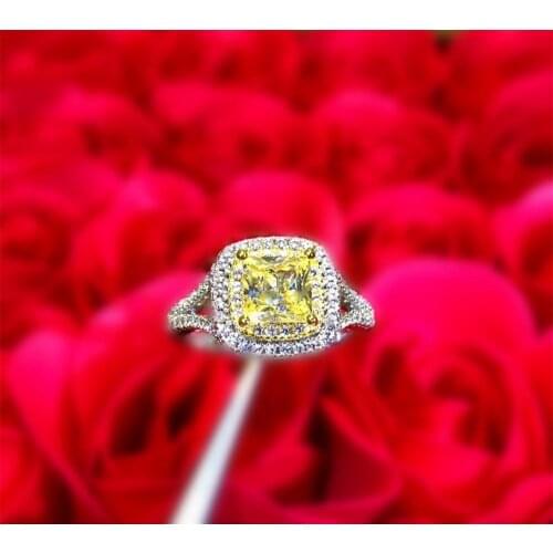 925 Sterling Silver cz crystal Yellow Square Stone Quartz ring charm geometric Gemstone Ring Romantic Wedding Engagement jewelry