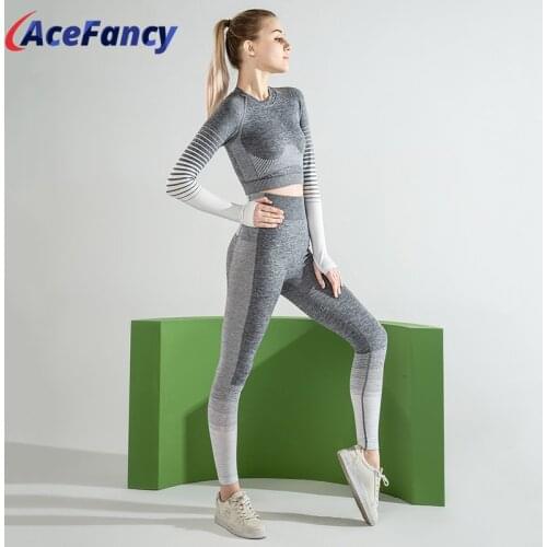 Acefancy Seamless Yoga Set T6092 Vital Long Sleeve Ombre Women Elastic Legging Set Yoga Patchwork Yoga Sets Women Gym Clothes