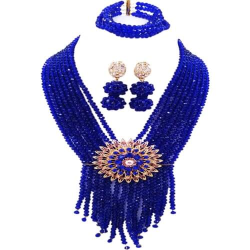 Royal Blue African Jewelry Set Crystal Beaded Nigerian Wedding Party Necklace Bracelet Earrings for Women 8SK09