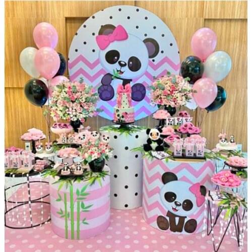 Round circle background birthday mini cake table party decor cute panda pink baby shower elastic fabric 3 cylinder plinth cover