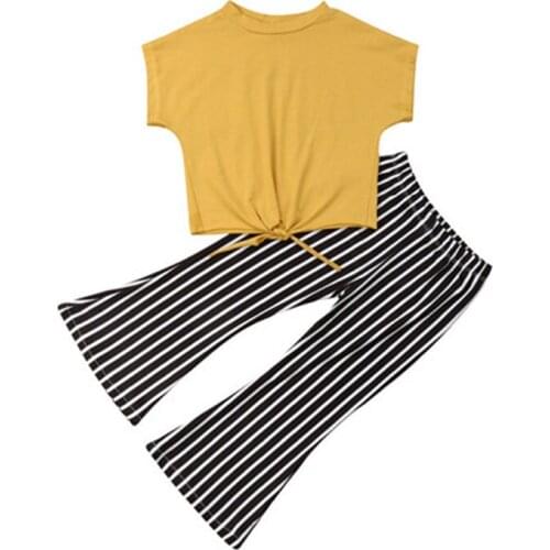 Summer Toddler Kids Girls Solid Loose Tops Blouse+Striped Leggings Pants Outfits 2-7Y Toddler Girl Clothes Cotton O-neck