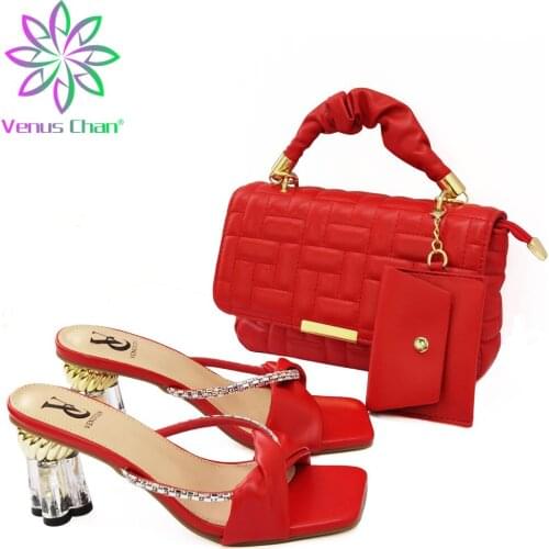 Fashion Italian Design 2021 Newest Red Color Hot Selling Elegant Ladies Shoes and Bag Set Decorated With Rhinestone for Party