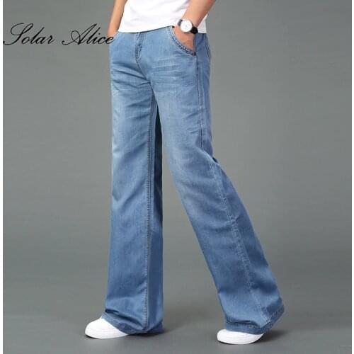 Free shipping New Mens 2020 Spring Autumn wide-leg jeans Plus Size Business casual Flare Boot Cut Pants Light Blue Trousers