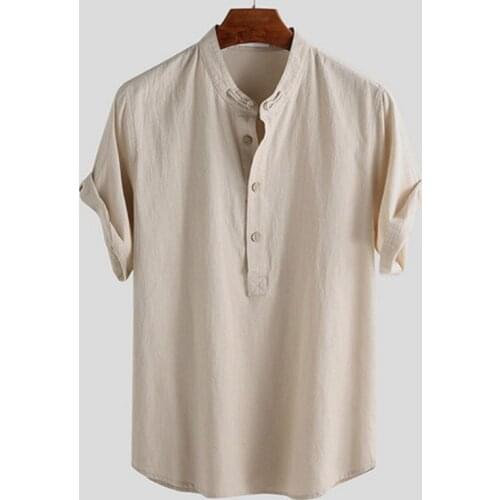 Mens Stand-up Collar Three-button Solid Color Half Cardigan Linen Short-sleeved Shirt Summer Japanese Casual Breathable Shirt