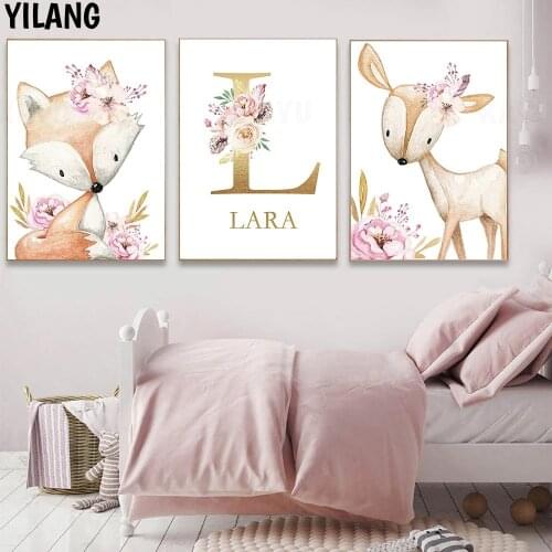 Woodland Animal Poster Nursery Baby Painting Custom Name Wall Art Print Flower Nordic Wall Pictures Baby Girl Bedroom Decoration