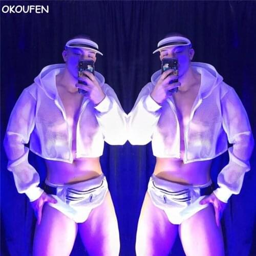 Nightclub bar Male singer ds gogo Muscle White Perspective Mesh Suits Hip hop Team dance costumes