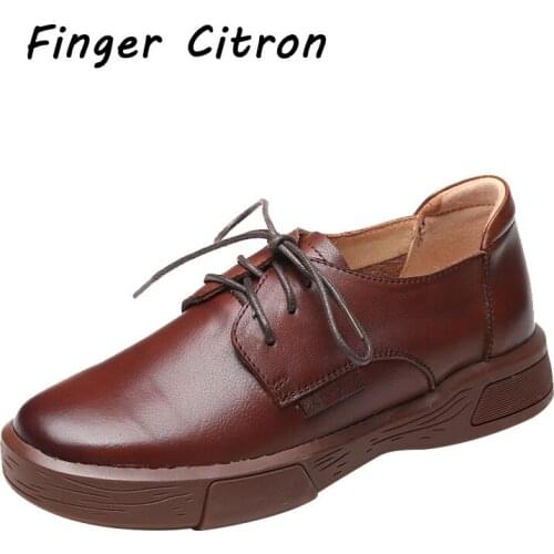 Finger Citron Genuine Cow Leather Women Casual Shoes Round Toe With Lace-Up Rubber Outsole By Handmade Comfortable Size 35-41