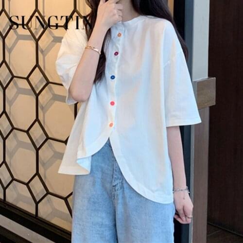 Sungtin Summer White Split T Shirts for Women Korean Fashion O Neck Loose Long Tee Tops Casual Cozy Sweet Solid Classic T Shirts