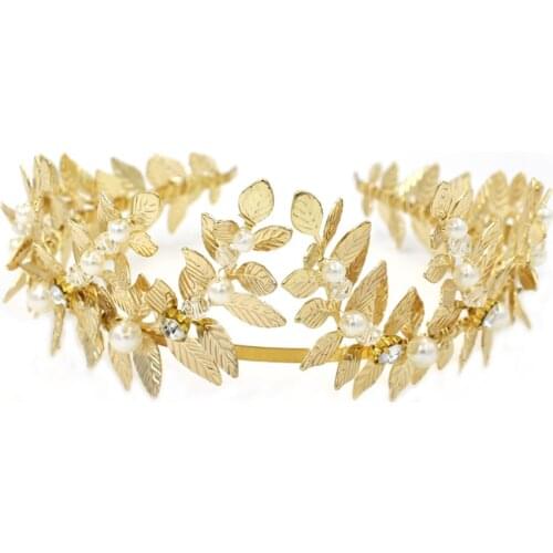 Gold Leaf Crown Wedding Tiara Pearls Hair Accessories Bridal Hairband Vintage Women Piece Hair Jewelry