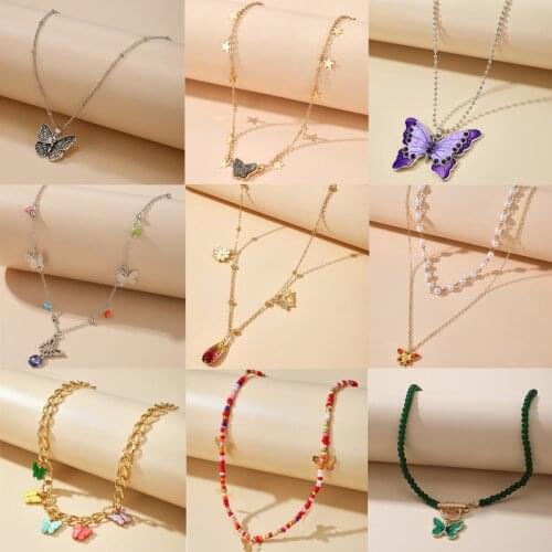 Tocona Charm Colorful Butterfly Pendant Necklace for Women Bead Shiny Rhinestone Flowers Pearl Geometric Bohemian Jewelry Collar