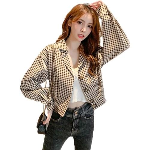 2020 Spring Autumn Coat Womens Jacket New Long Sleeve Plaid Short Jackets Korean Suit Collar Single-breasted Casual Outerwear