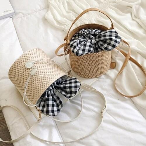 Womens Handbag Straw Woven Fashion Casual Bucket Bag Beach Vacation Plaid Lined Shoulder Bag
