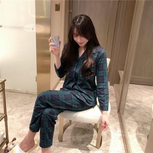Pajamas women autumn long-sleeve+trousers cardigan suit home casual plaid home service new bathrobe fashion sexy sleepwear