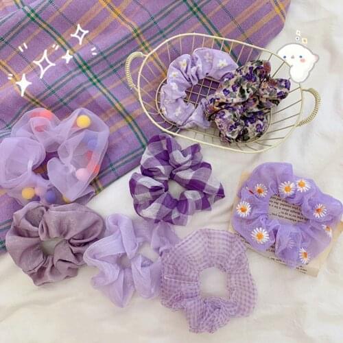 Korean Purple Lattice Flower Embroidery Daisy Net Yarn Elastic Hair Bands Summer Hair Accessories for Women