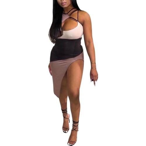 Women Close-fitting Slip Dress, Apricot Variegated Color Sleeveless Hollow Out , S/ M/ L/ XL/ XXL