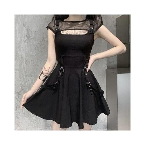 Punk style womens dark mesh mesh breathable stitching dress summer perspective open back womens short skirt