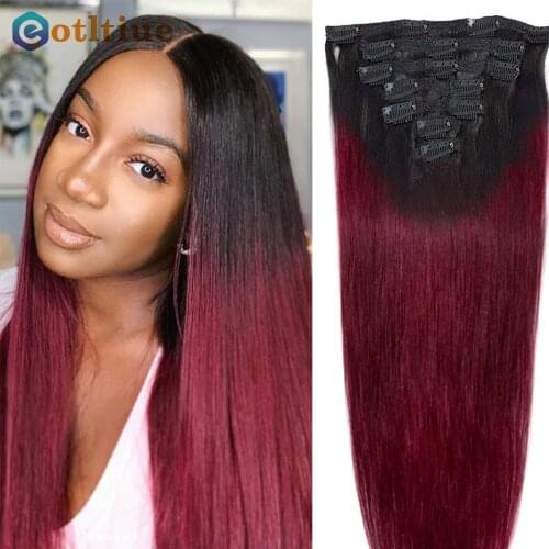 Eotltiue Straight Clip in Human Hair Extensions Brazilian Remy Hair Clip In For Black Women 1B/99J 1B/4/27 100% Human Hair 8 Pcs
