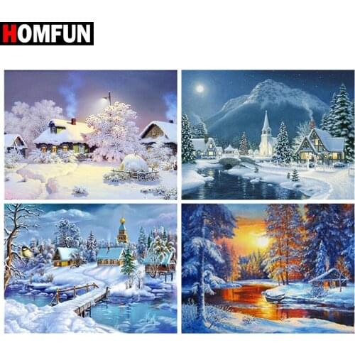 HOMFUN Full Square/Round Drill 5D DIY Diamond Painting "House snow scene" Embroidery Cross Stitch 5D Home Decor Gift