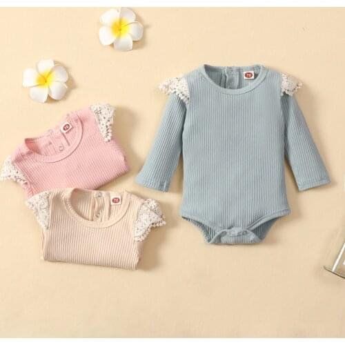 2021 Autumn Winter Baby Girls Romper Ribbed Solid Color Cotton Long Sleeve Jumpsuit for Infant Kids Lace Casual Clothes