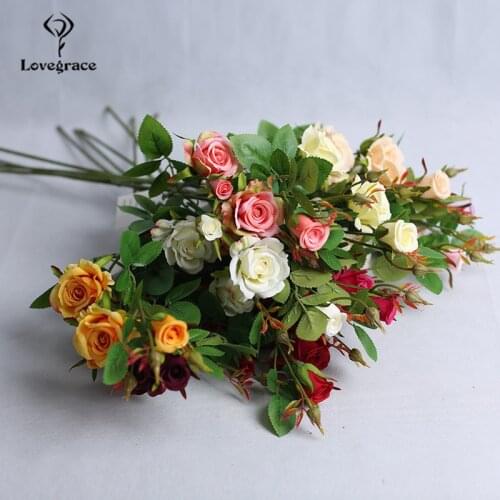 Long Rose Pink Silk Artificial Flowers Branch Fake Small Flower Head Wedding Backdrop Wall Decor Home Table Accessory Fake Flore