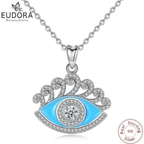 EUDORA New 925 Sterling Silver Blue Evil eye CZ & Eyelash Pendant Necklace Good Luck Eye Charm Fine Jewelry Birthday Gift CYD350