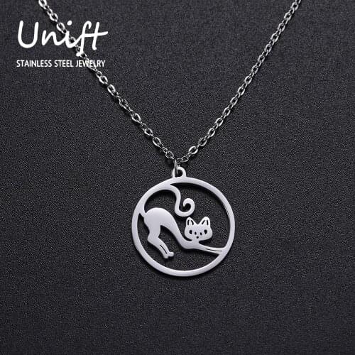 Unift Exquisite Lazy Kitten Cat Necklace for Women Animal Charm Accessories Stainless Steel Neck Wedding Jewelry for Gifts