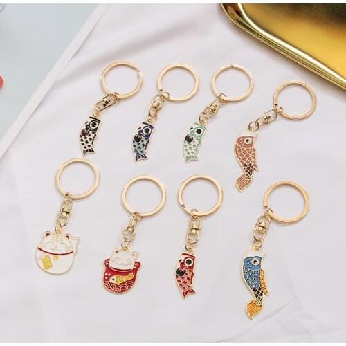 Omamori Fortune Cat Lucky Fish Metal Pendant Good-luck Blessing Keyrings Keychain Charm Bag Pendant Gift J20