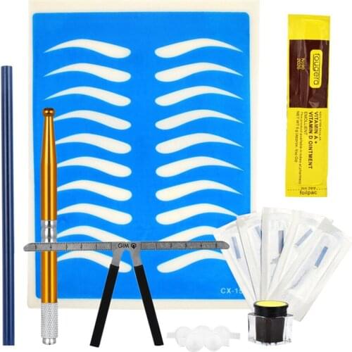 Microblading Permanent Makeup Tattoo 14Pin Needles Manual Eyebrow Pen Dark Coffee Ink Ring Ruler Practice Skin